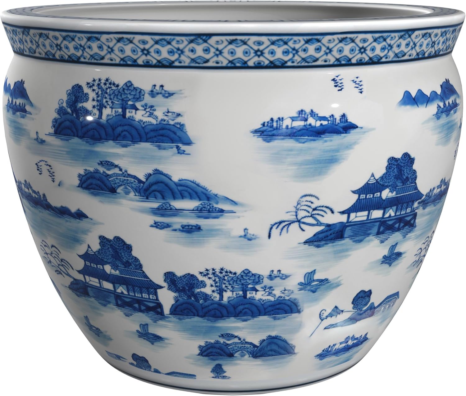 Red Lantern 12in Blue & White Porcelain Fishbowl Planter for Decor