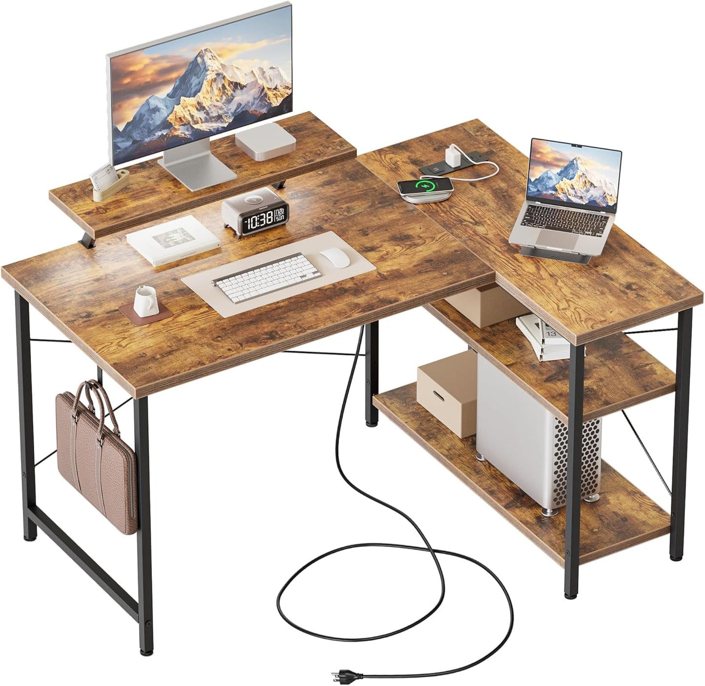 L Shaped Computer Desk with Power Outlets for Small Spaces