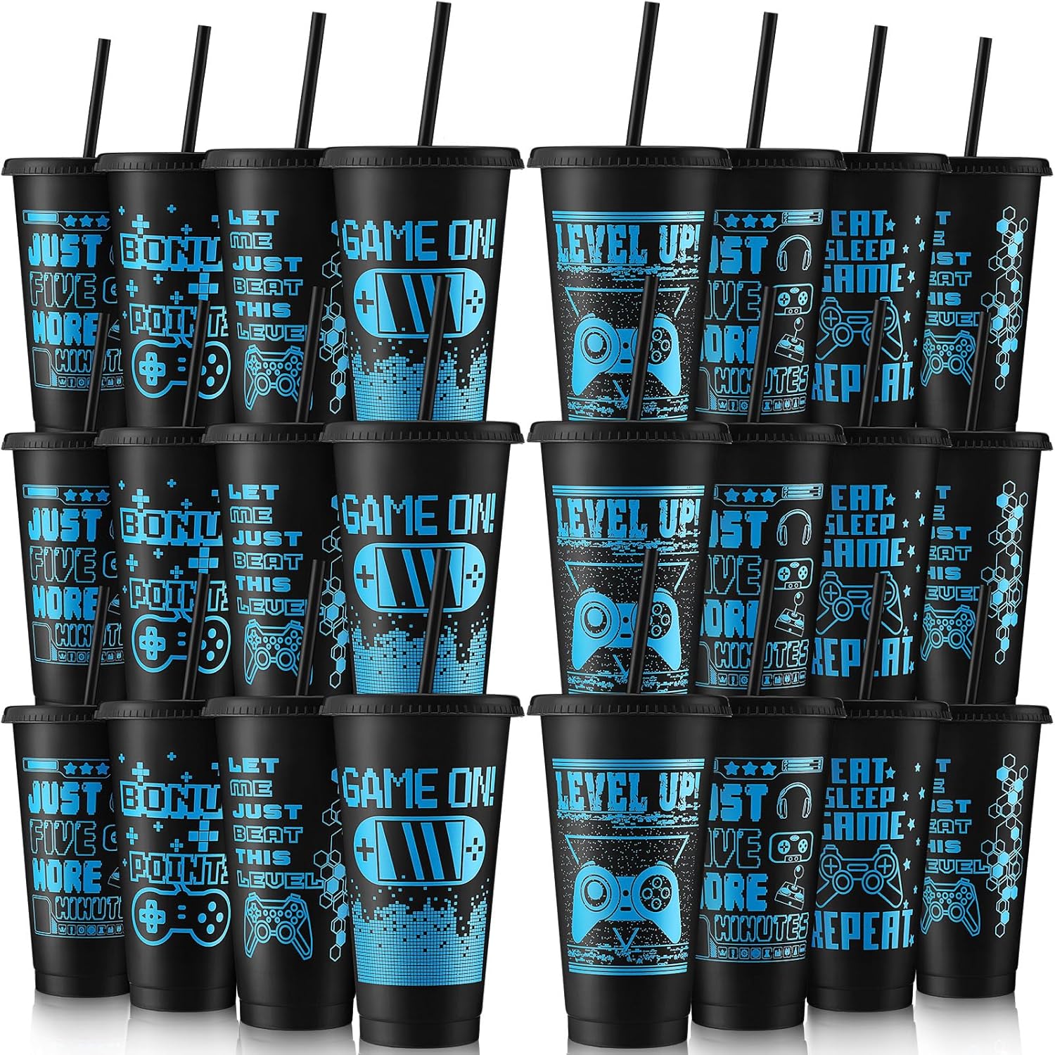 Mifoci Video Game Plastic Cups with Lids and Straws for Parties