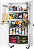 Greenvelly 72in Metal Storage Cabinet with Wheels and Pegboard