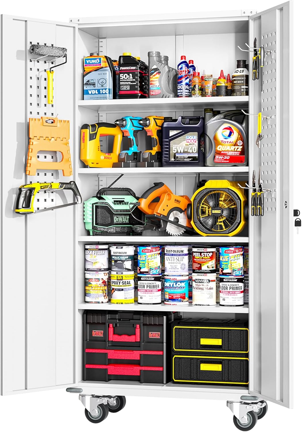 Greenvelly 72in Metal Storage Cabinet with Wheels and Pegboard