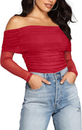 SAUNGKUAI Women's Off The Shoulder Mesh Long Sleeve Bodysuit
