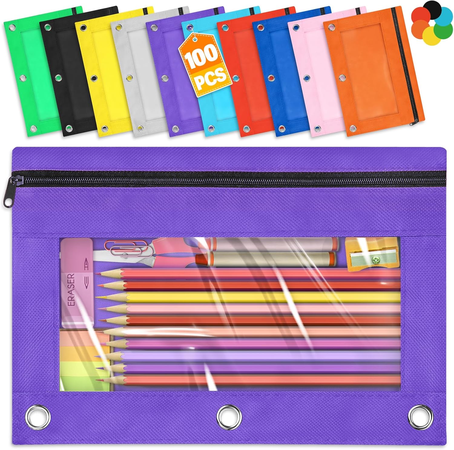 Pencil Pouch for 3 Ring Binder - 100 Pack Zipper Cases