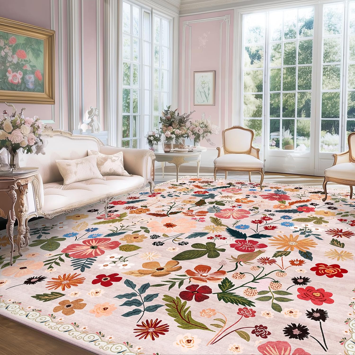 9x12 Washable Area Rugs for Bedroom - Soft Boho Floral Design