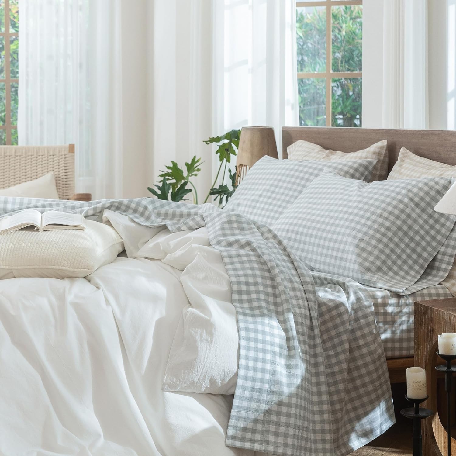 MooMee Gingham Sheet Set for King Size with Deep Pockets