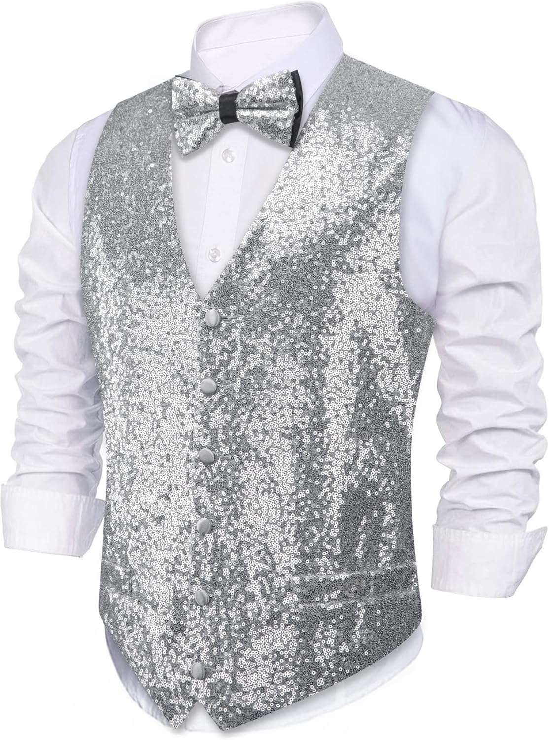 Barry.Wang Mens Sequins Vest Shiny Waistcoat Bowtie Set for Parties