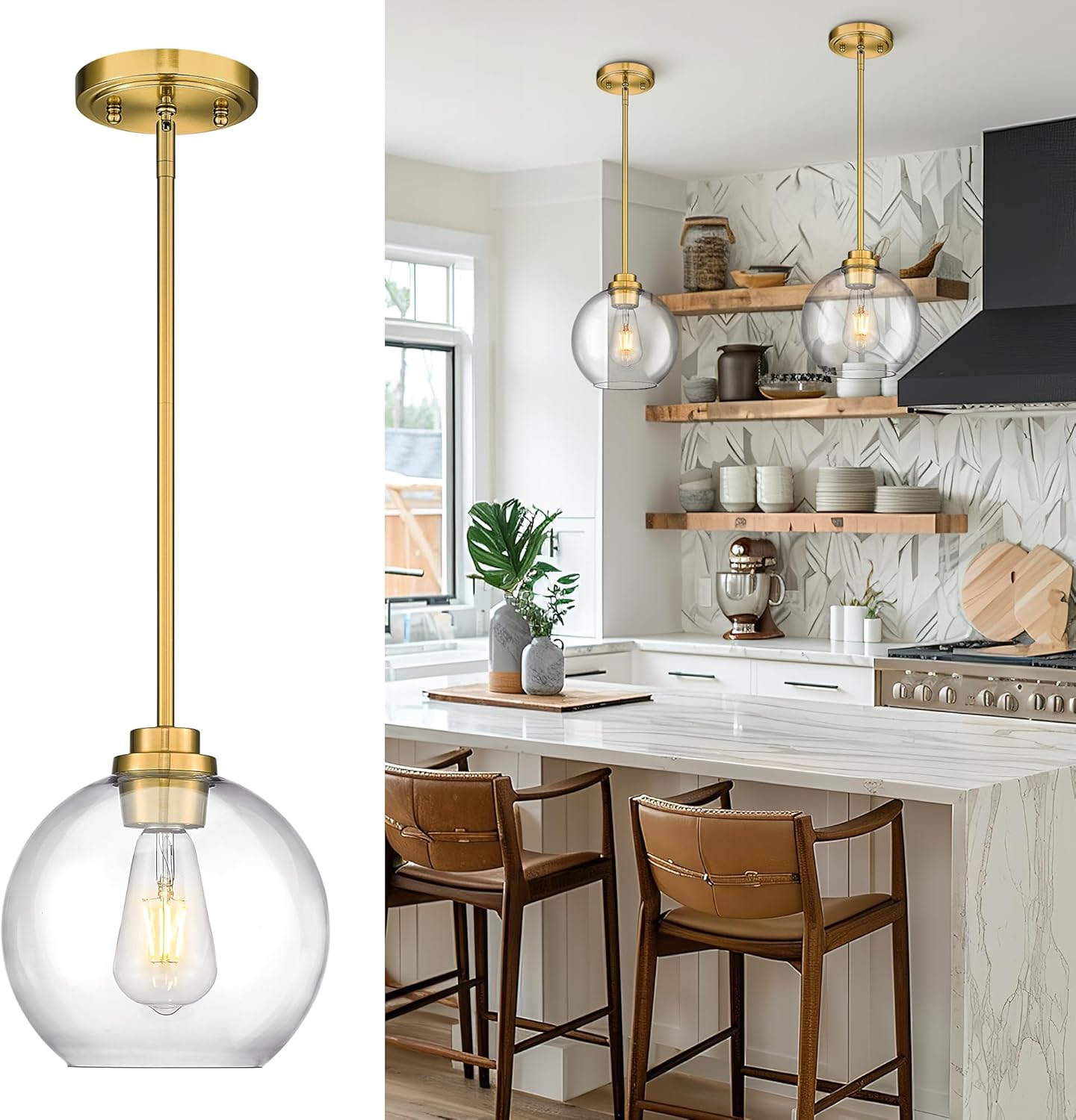 Gold Pendant Lights Kitchen Island with Clear Glass Shade Design