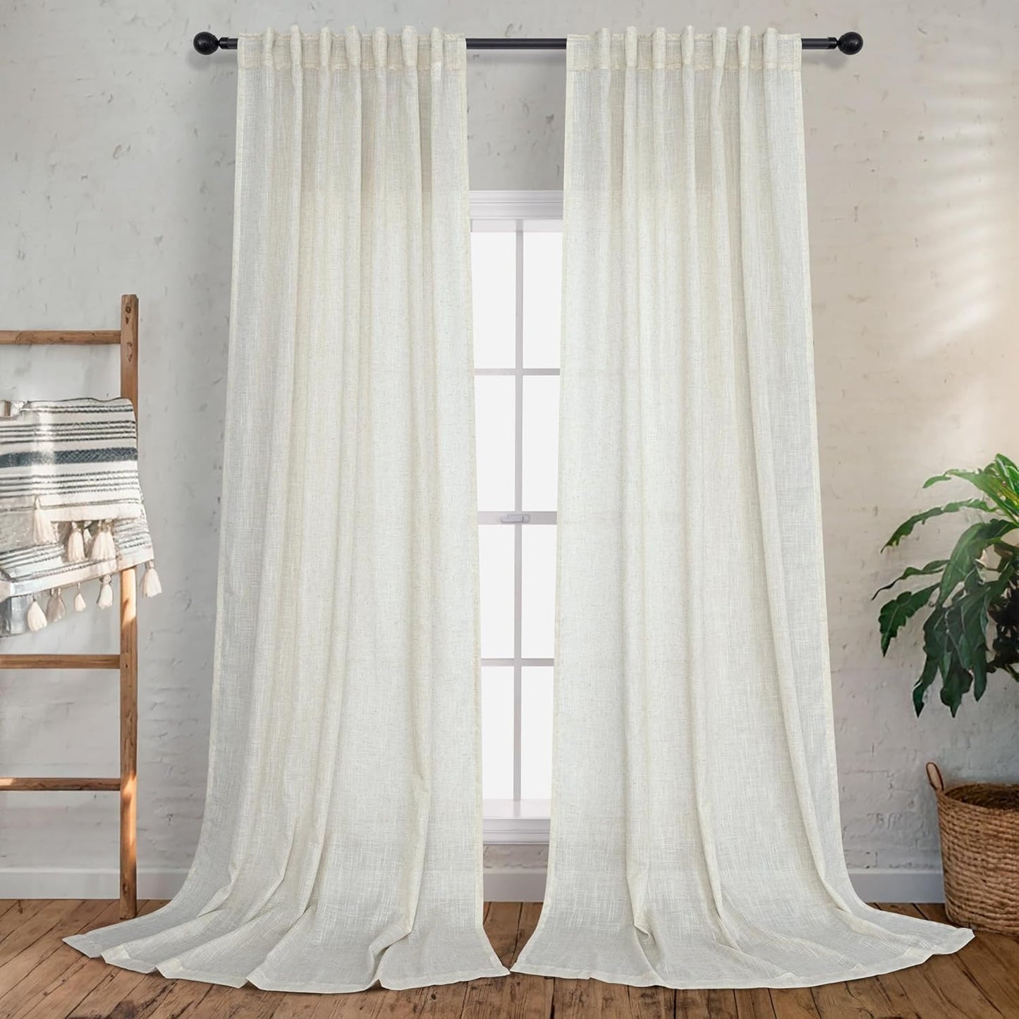 Cream Linen Back Tab Curtains for Living Room - 86 Inch Length