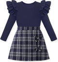 Girls Long Sleeve Ruffle Top and Plaid Skirt Set - Navy Fall Outfit