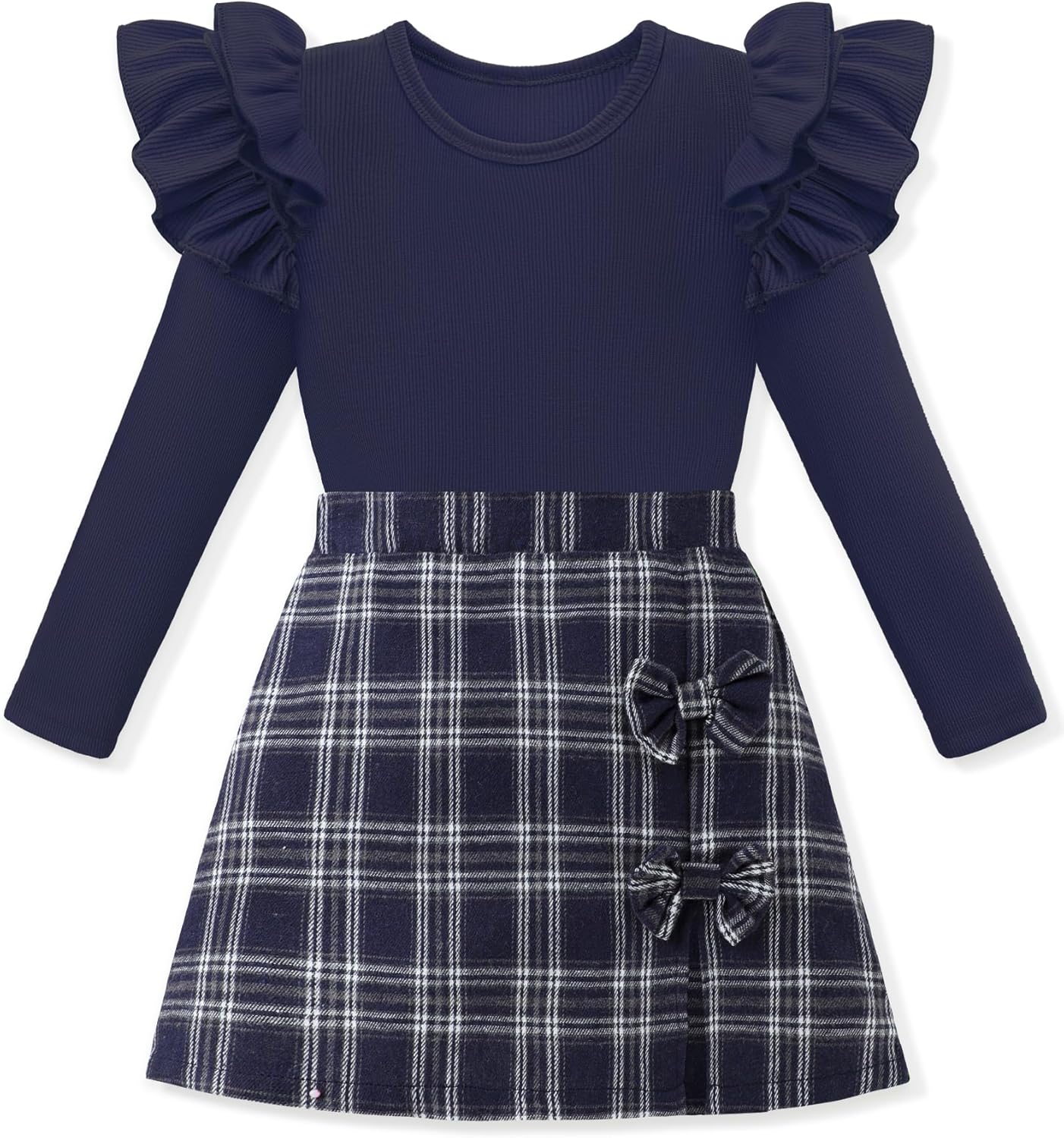 Girls Clothes Long Sleeve Ruffle Sleeve Top and Plaid Skirt Set