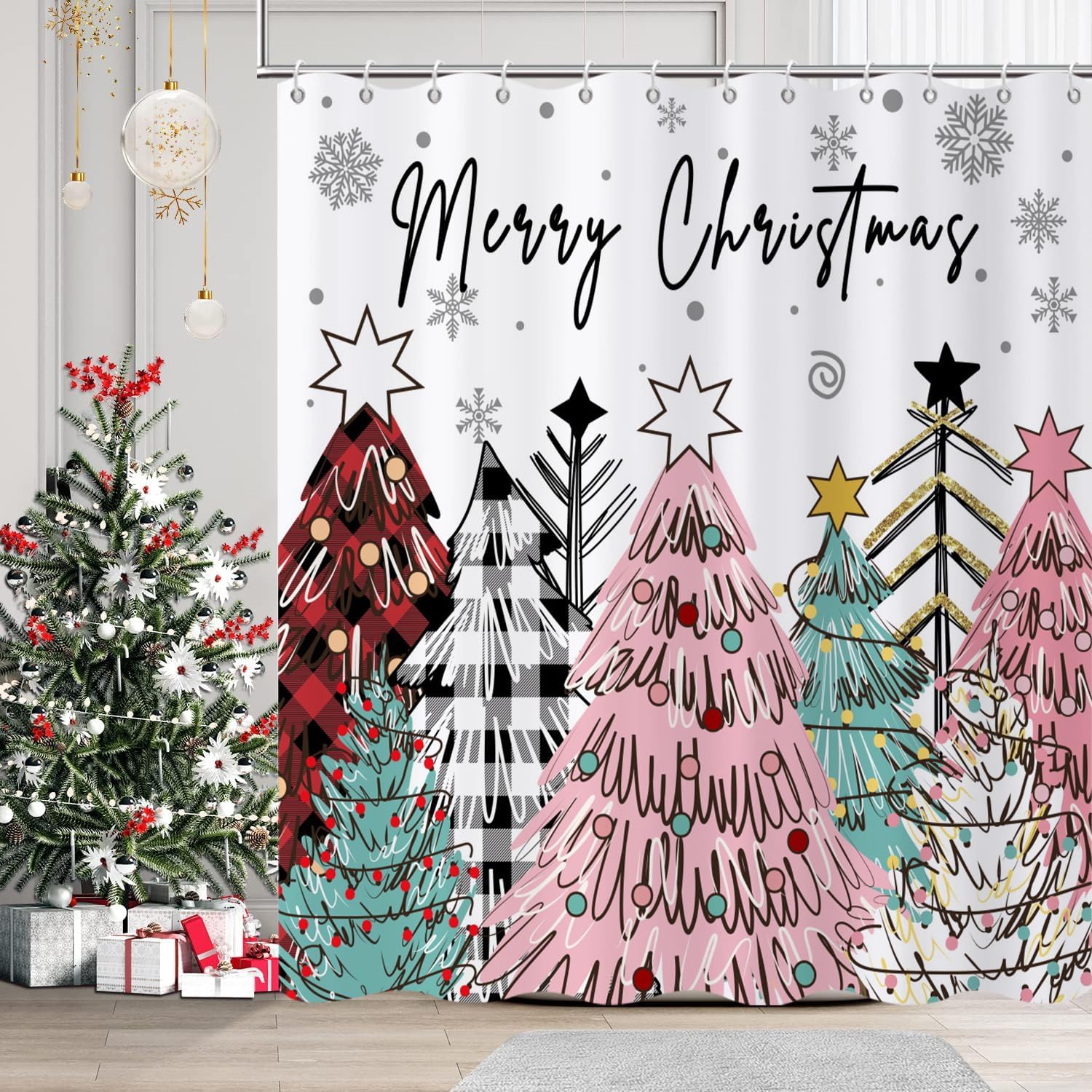 Colorful Christmas Buffalo Check Shower Curtain