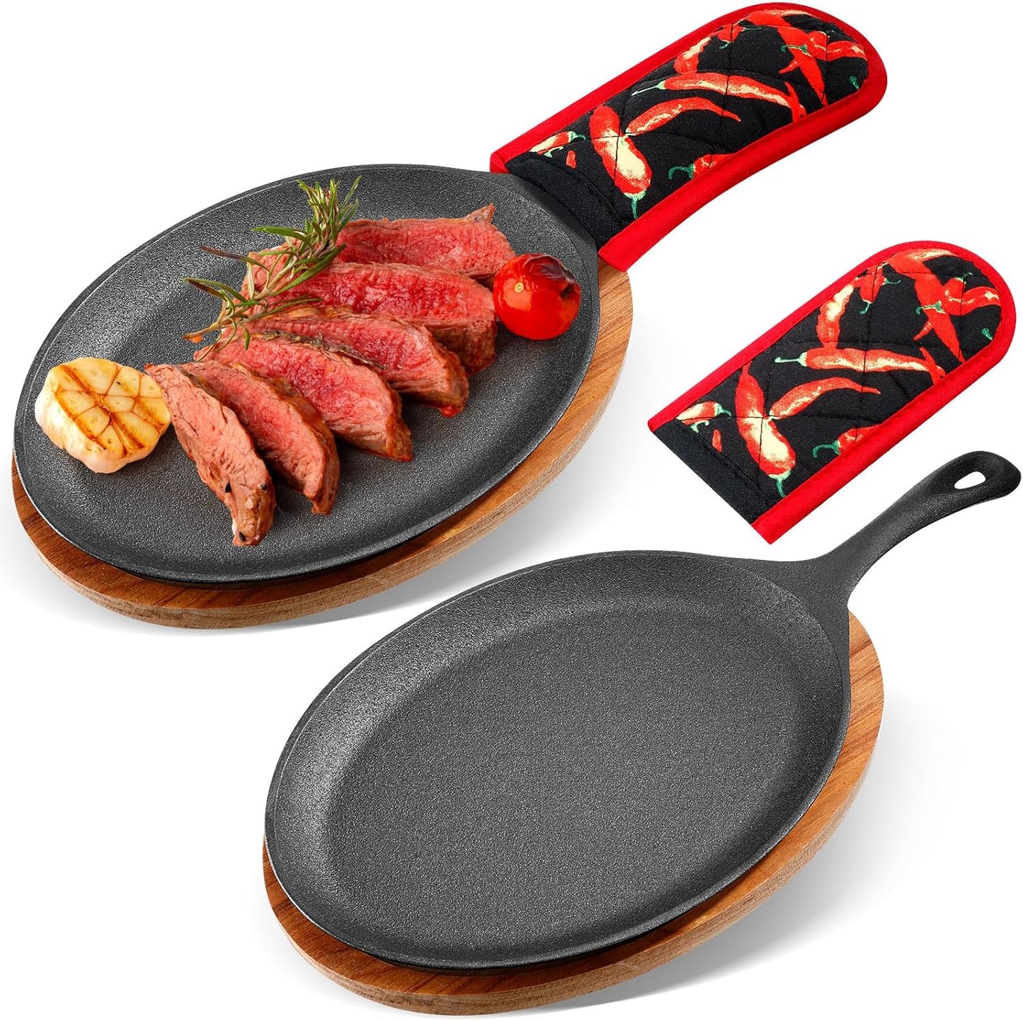 Cast Iron Fajita Plate Set with Wooden Tray and Mitts