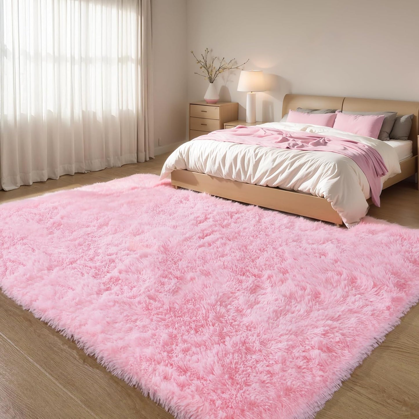 KCHOWUA Pink Fluffy Area Rug for Girls' Bedroom Comfort