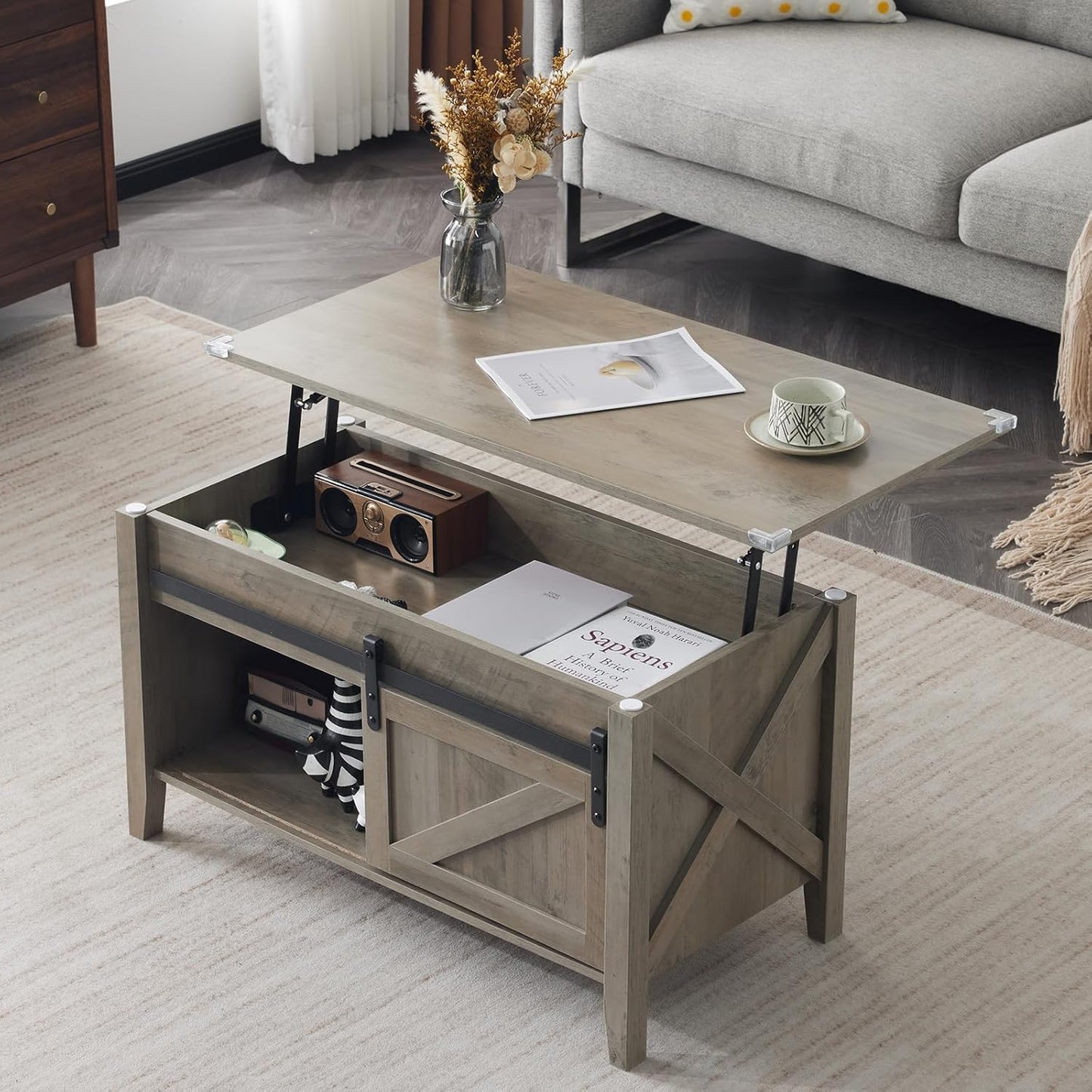 VINGLI Farmhouse Lift Top Coffee Table with Hidden Storage Compartment