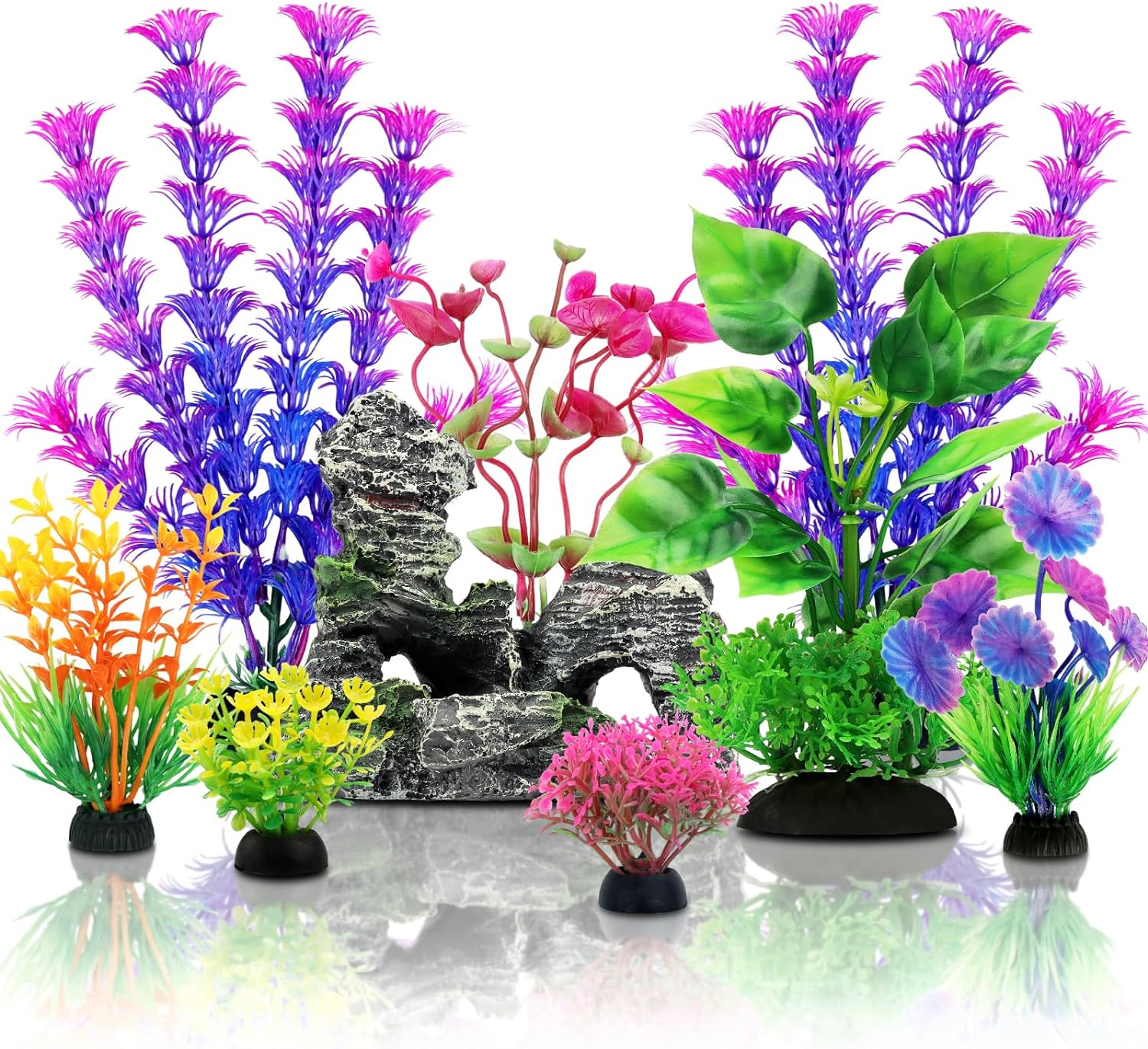 Colorful Fish Tank Decor Set | 9pcs Artificial Plants & Cave Rock | QUOZUO