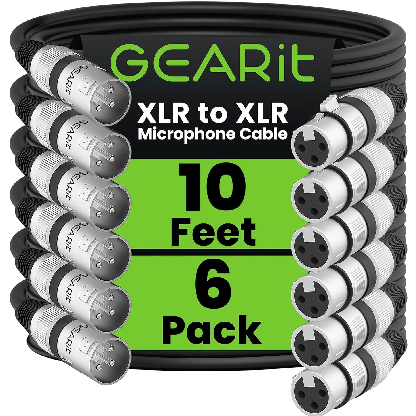 GEARit XLR Male to Female Microphone Cable - 10 Feet, 6-Pack