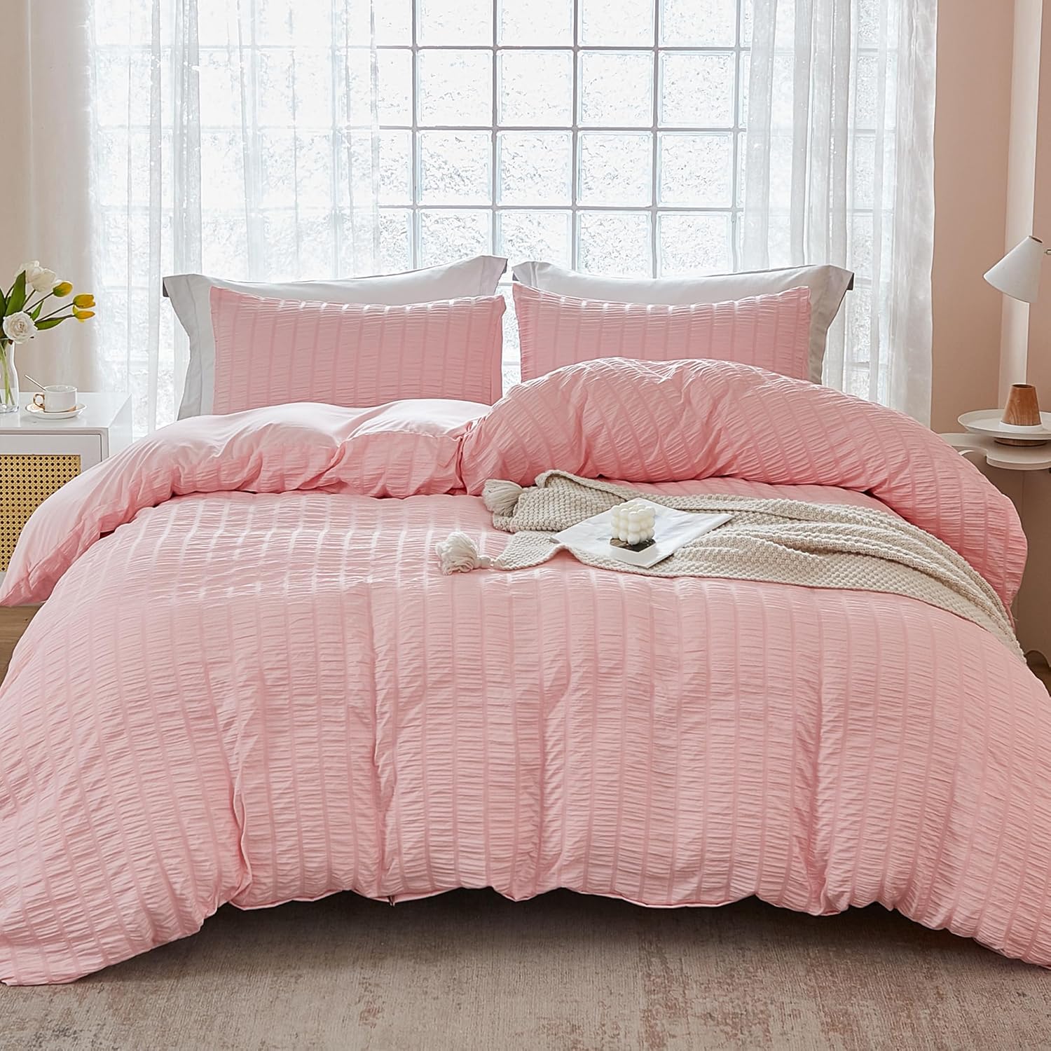 AveLom Blush Pink Seersucker Duvet Cover Set for King Size Beds