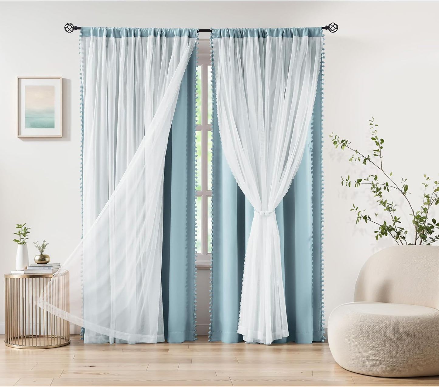 Pom Pom Blackout Curtains with Sheer Overlay for Cozy Rooms