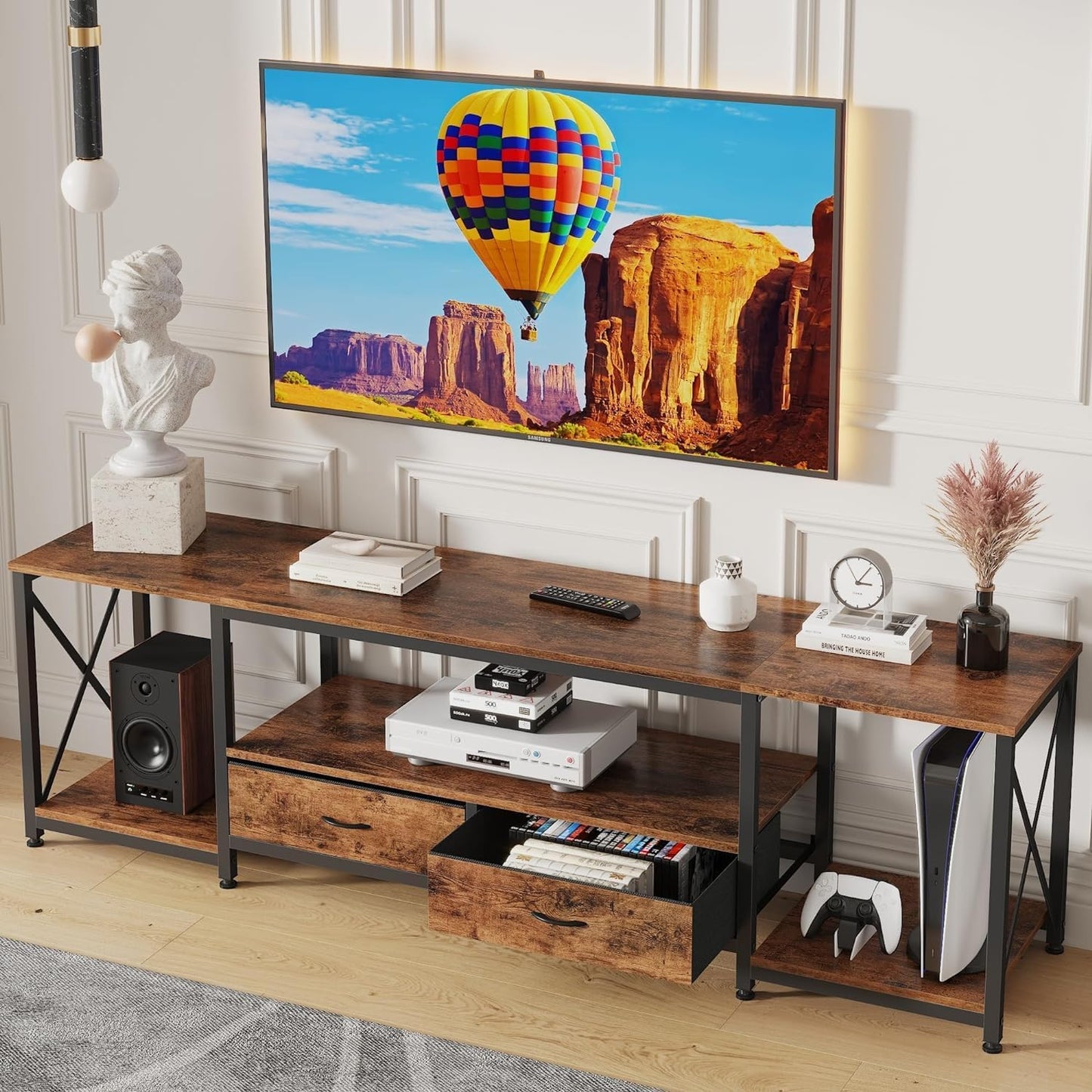 TV Stand with Fabric Drawer for 50 55 Inches TV - Rustic Brown