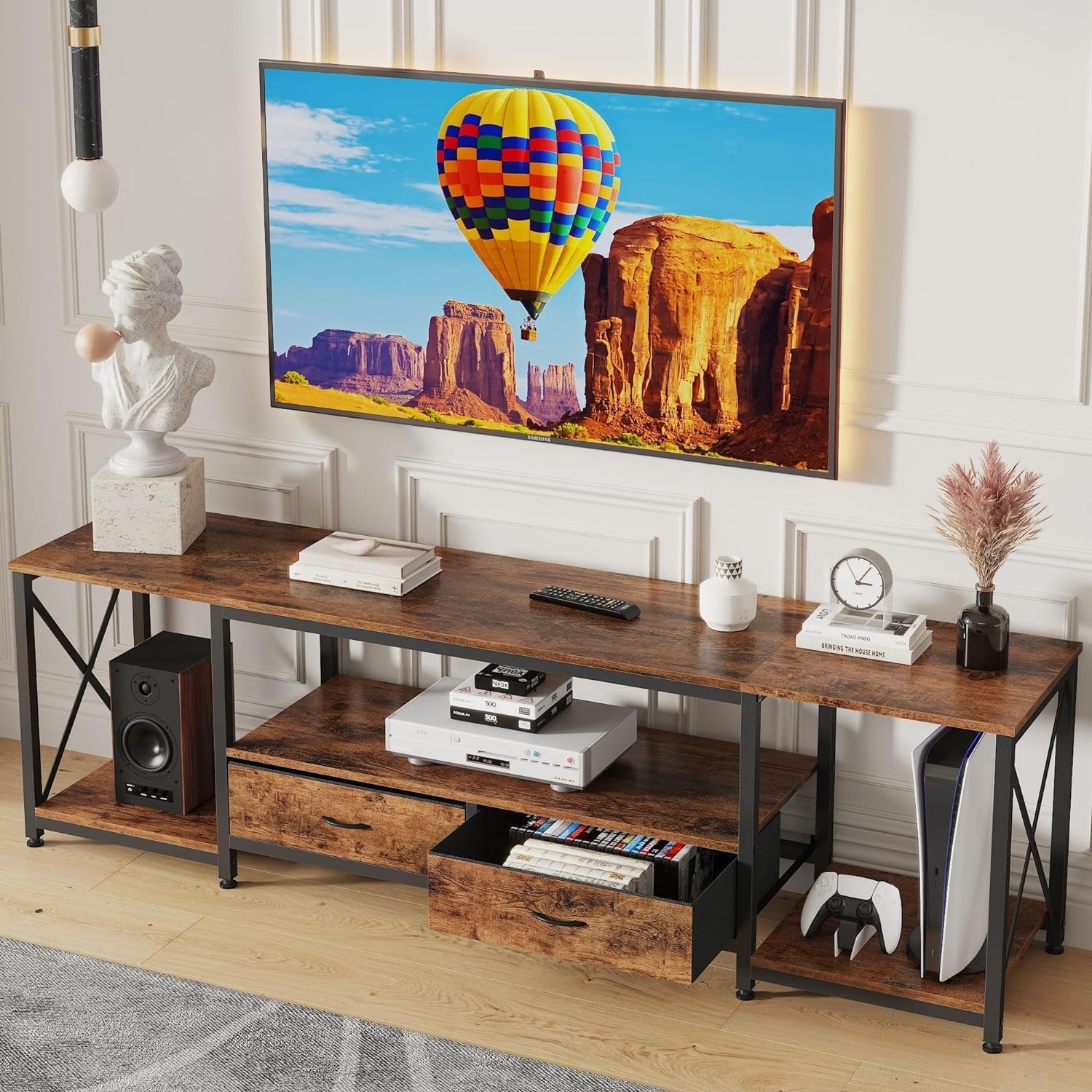 TV Stand with Fabric Drawer for 50 55 Inches TV - Rustic Brown