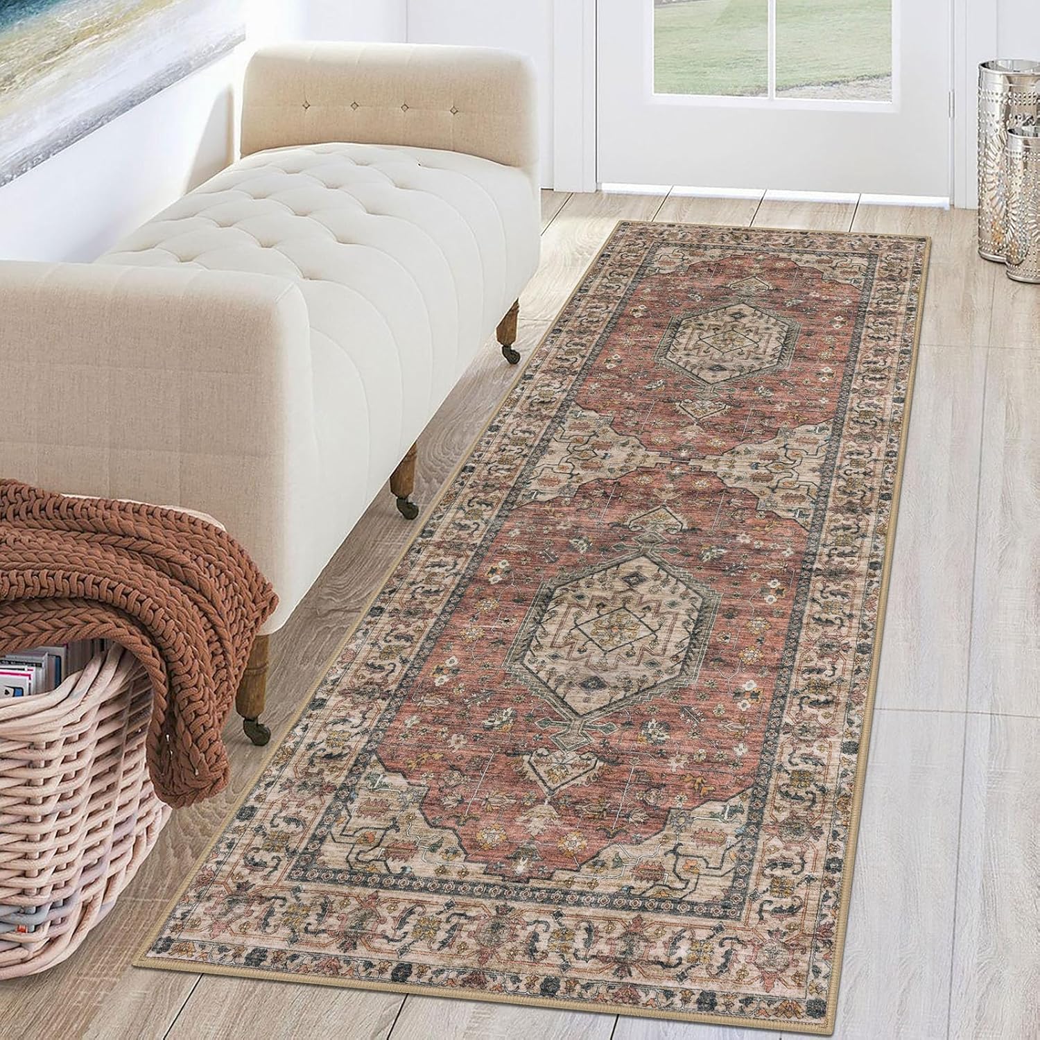 KUTA Runners for Hallways 2x6 Terracotta Vintage Floral Design