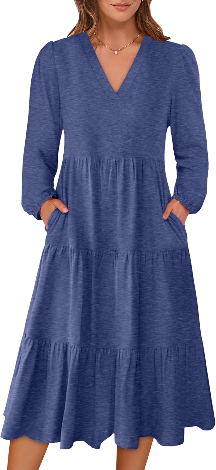 ANRABESS Women's Long Lantern Sleeve Floral Midi Dress for Fall