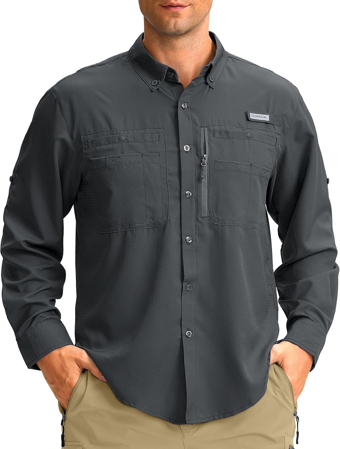 Men's Long Sleeve Sun Protection Fishing Shirt with Zipper Pockets