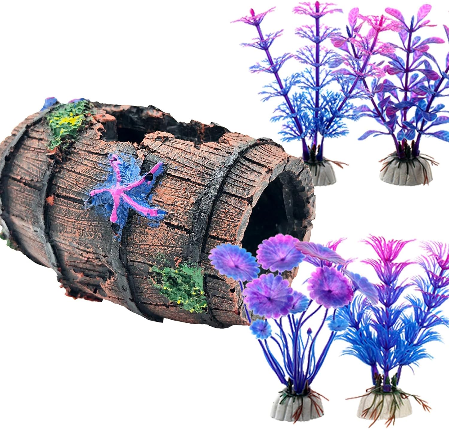 Betta Fish Tank Decor Set: Starfish Barrel & Aquatic Plants x5