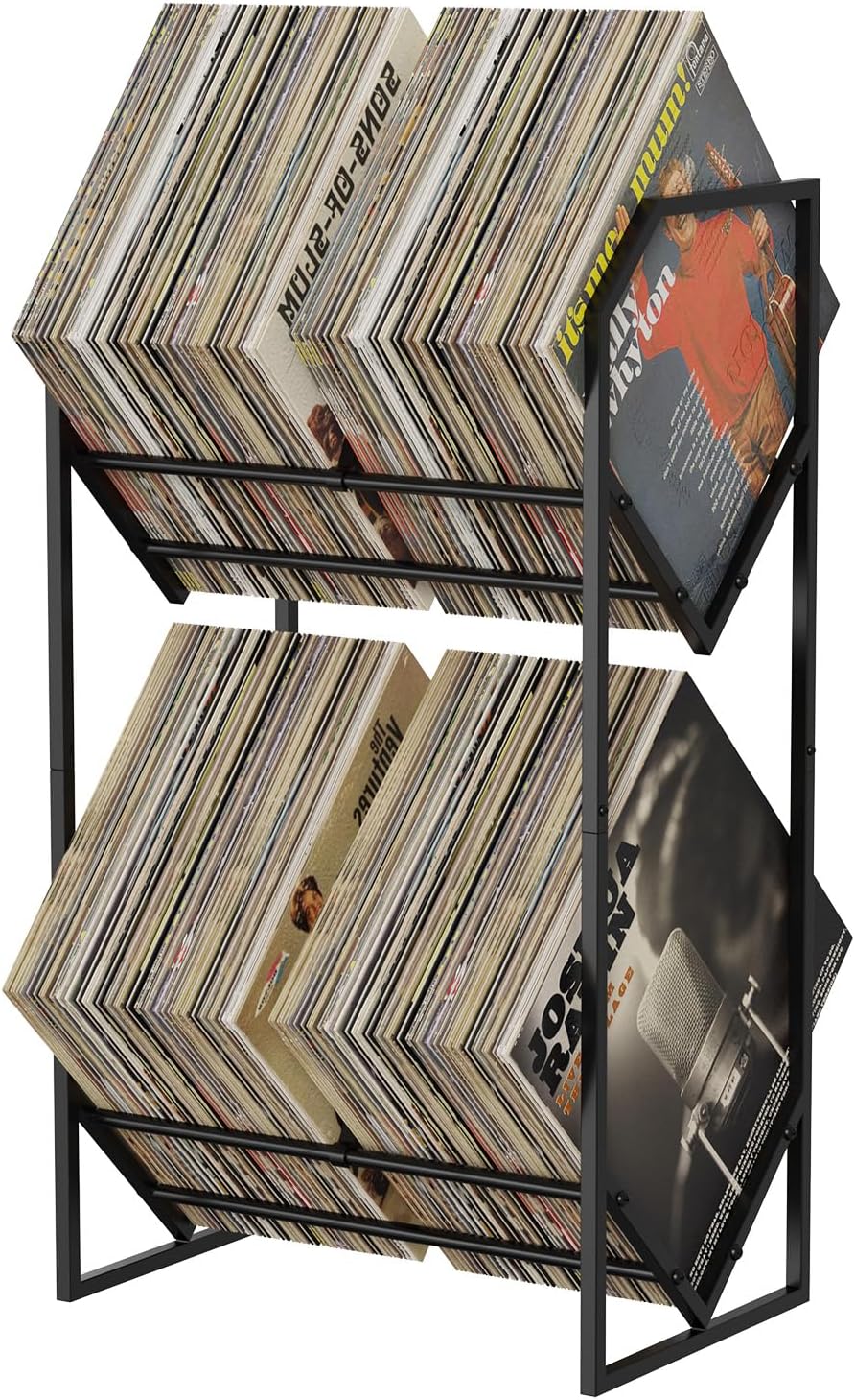 Vinyl Record Storage Rack for 200 LPs - 2-Tier Metal Stand