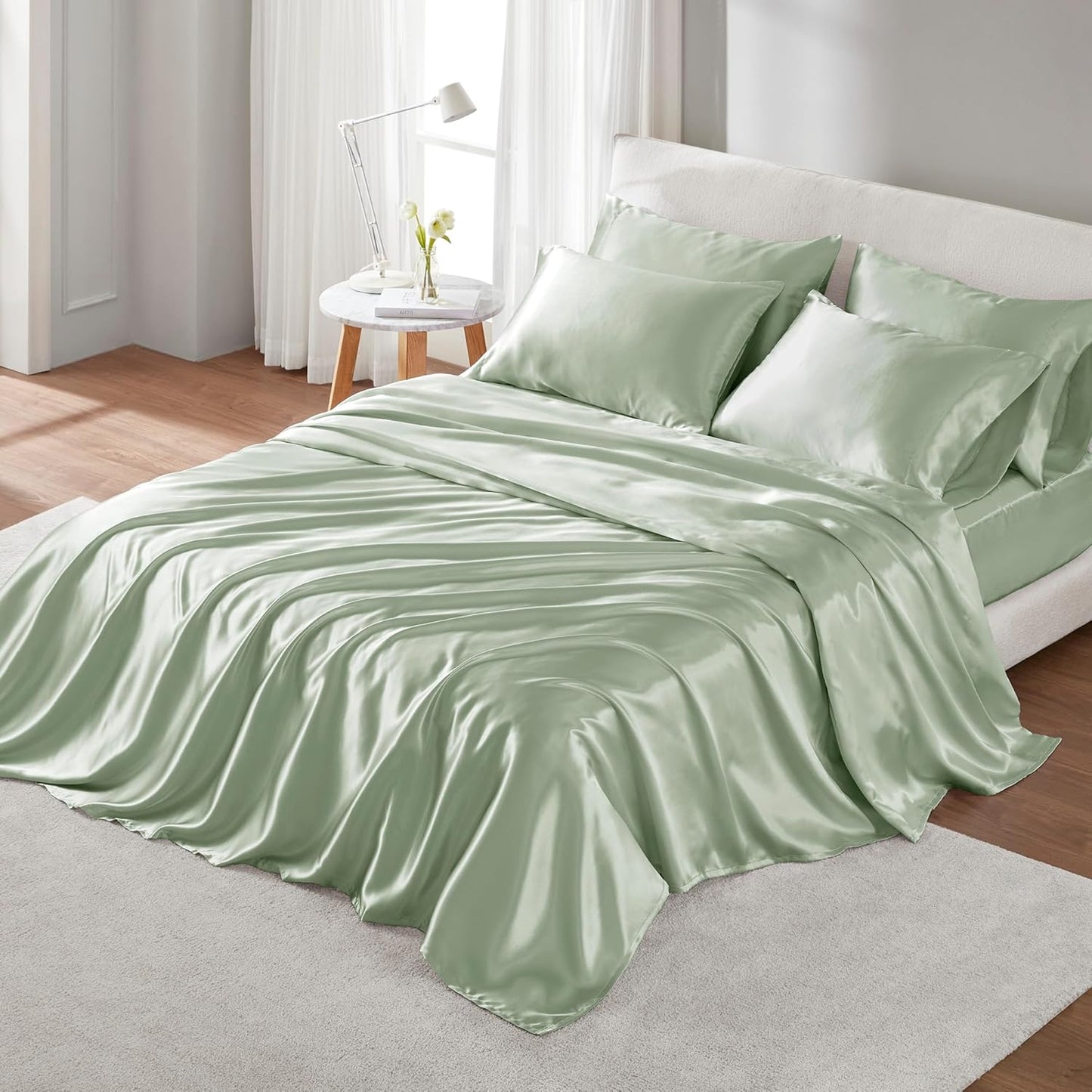 Luxurious Satin Bed Sheets Set for Queen Size Mattress, Sage