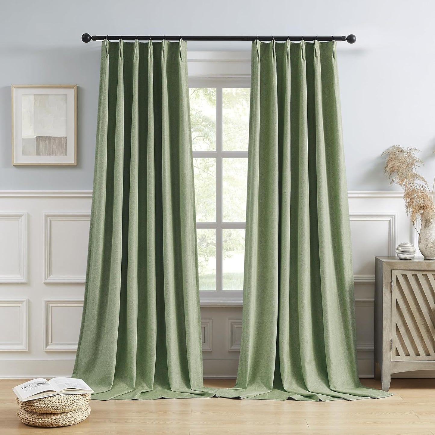 DUALIFE Sage Green Pinch Pleated Blackout Curtains 40 x 102