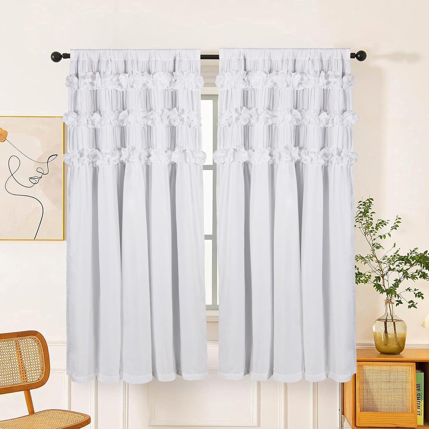White Blackout Drapes with Ruffles & Butterfly Accents