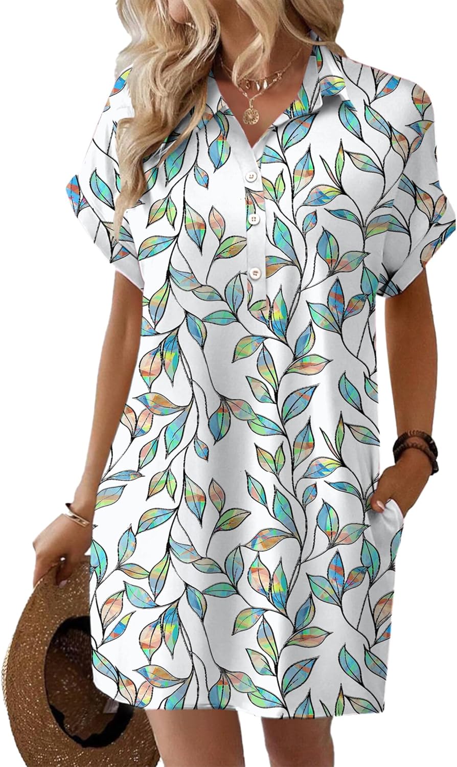 HOTOUCH Womens Summer Shirt Dress Casual Loose Floral Sundress
