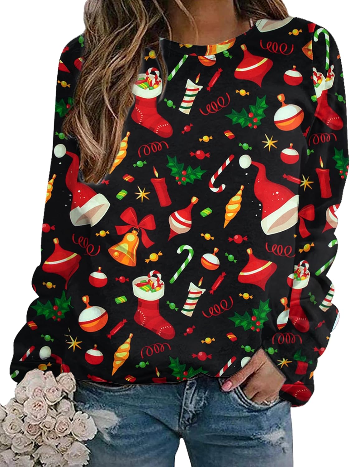 Santa Print Christmas Sweatshirt for Women