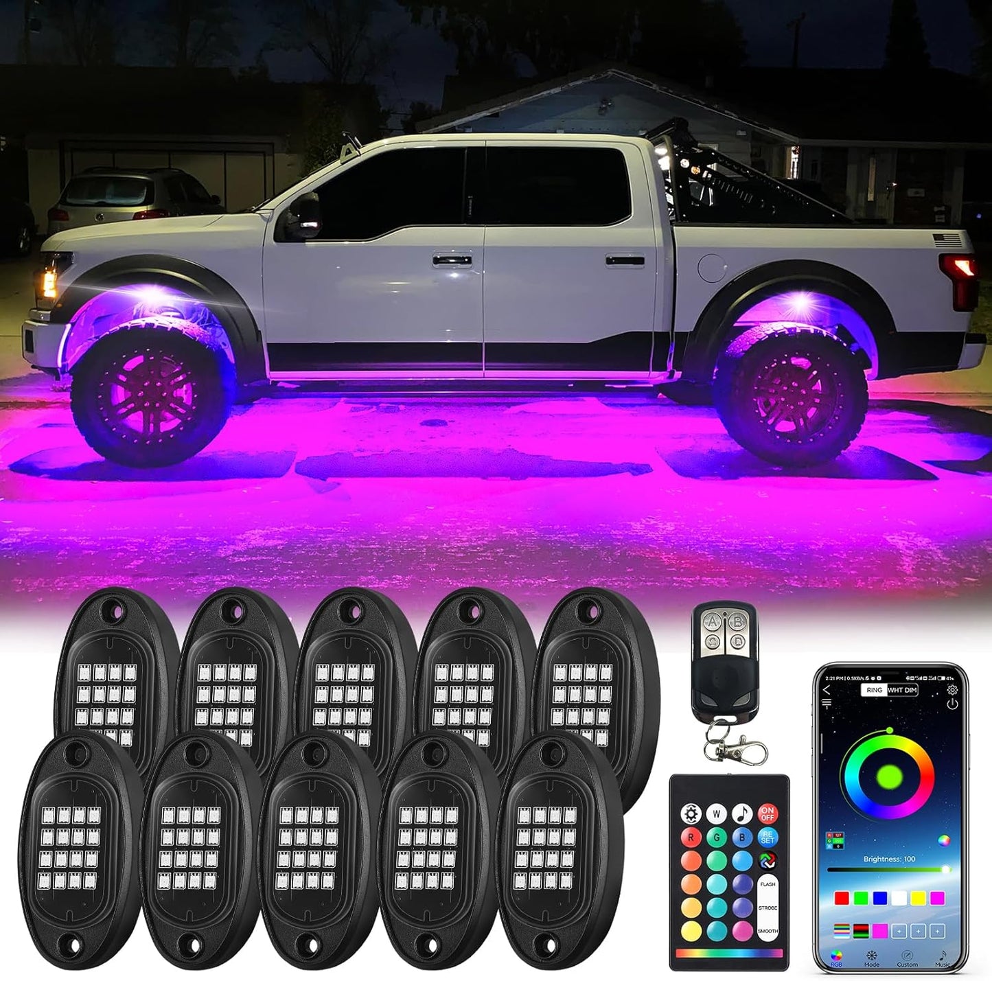 10Pods Segmented RGB LED Rock Lights Kit for Trucks and UTVs