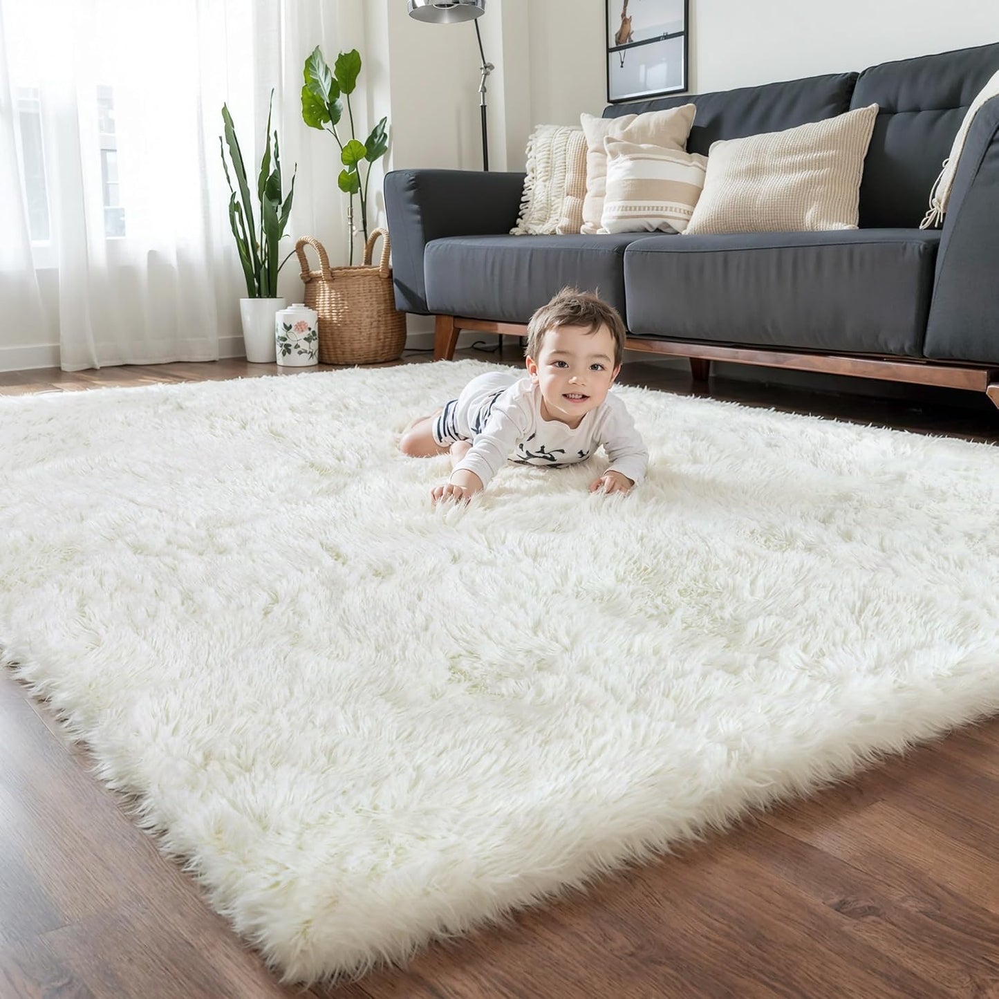 Thick Area Rug 5x8 Cream White Fluffy Shag for Cozy Spaces