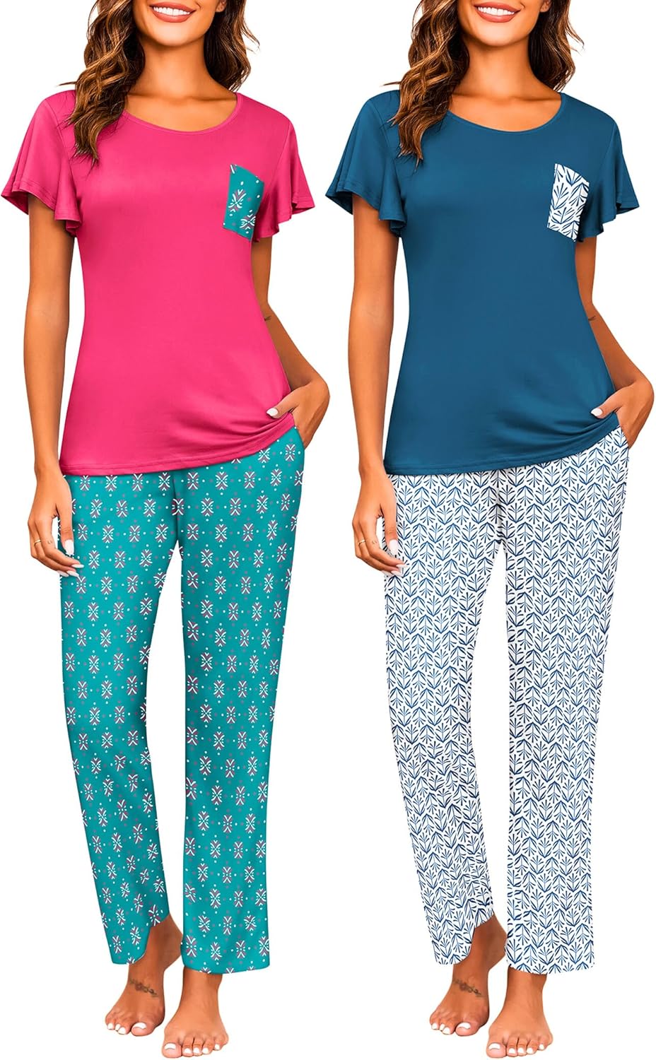 Ekouaer Womens Pajama Sets Short Sleeve Long Pants Soft Sleepwear