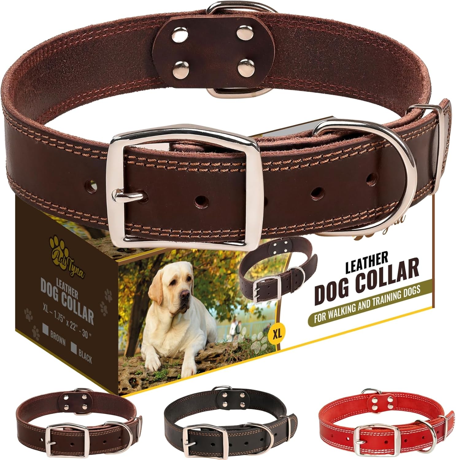 Heavy Duty Leather Dog Collar for Extra-Large Dogs - Brown