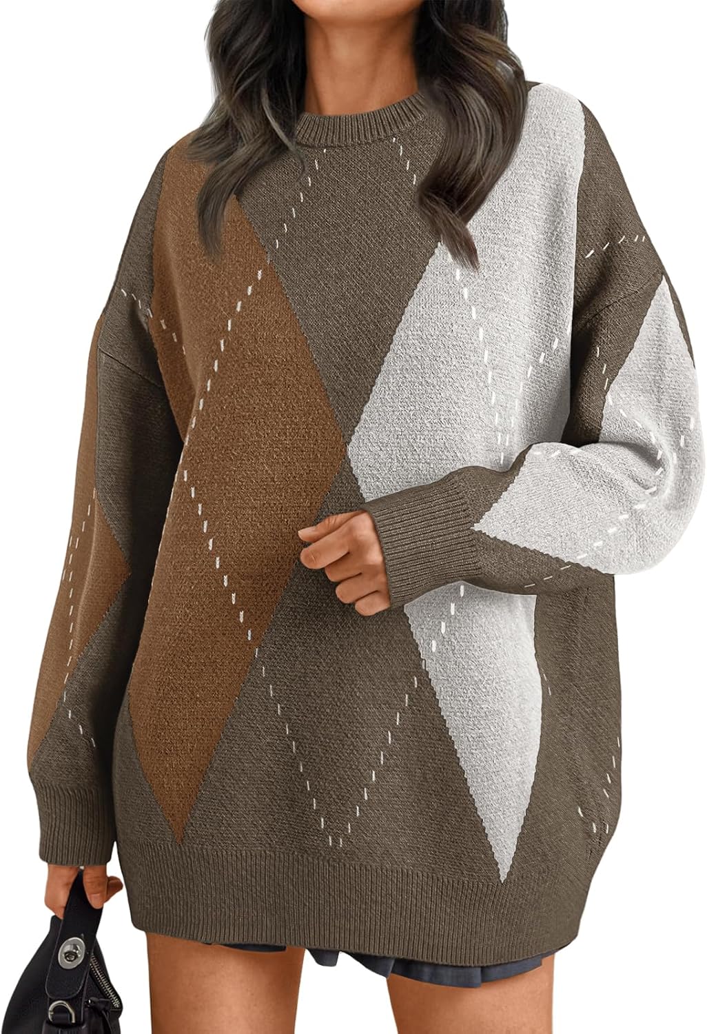 Trendy Queen Women's Color Block Argyle Plaid Oversized Sweater