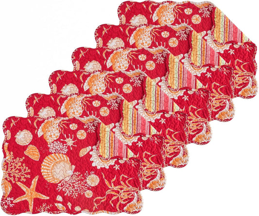 Ruby Red and Orange Cotton Quilted Reversible Placemat Set
