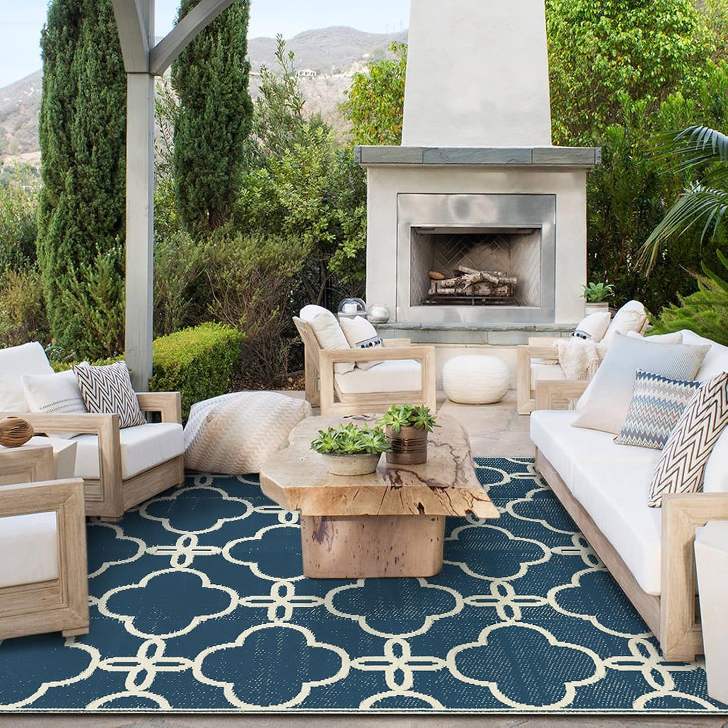 Ashler Blue Outdoor Plastic Straw Rug for Patio and Camping