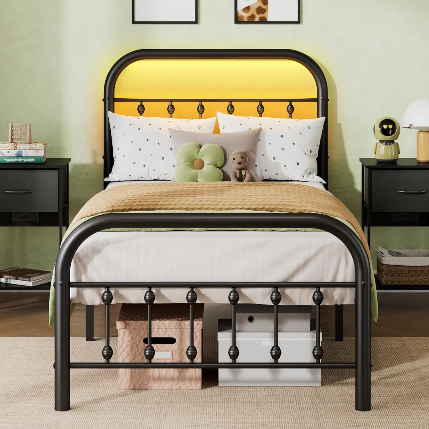 WLIVE Twin Bed Frame with LED Lights and Charging Station