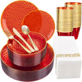 DaYammi 175 Pcs Plastic Dinnerware Set Clear Red with Gold Trim