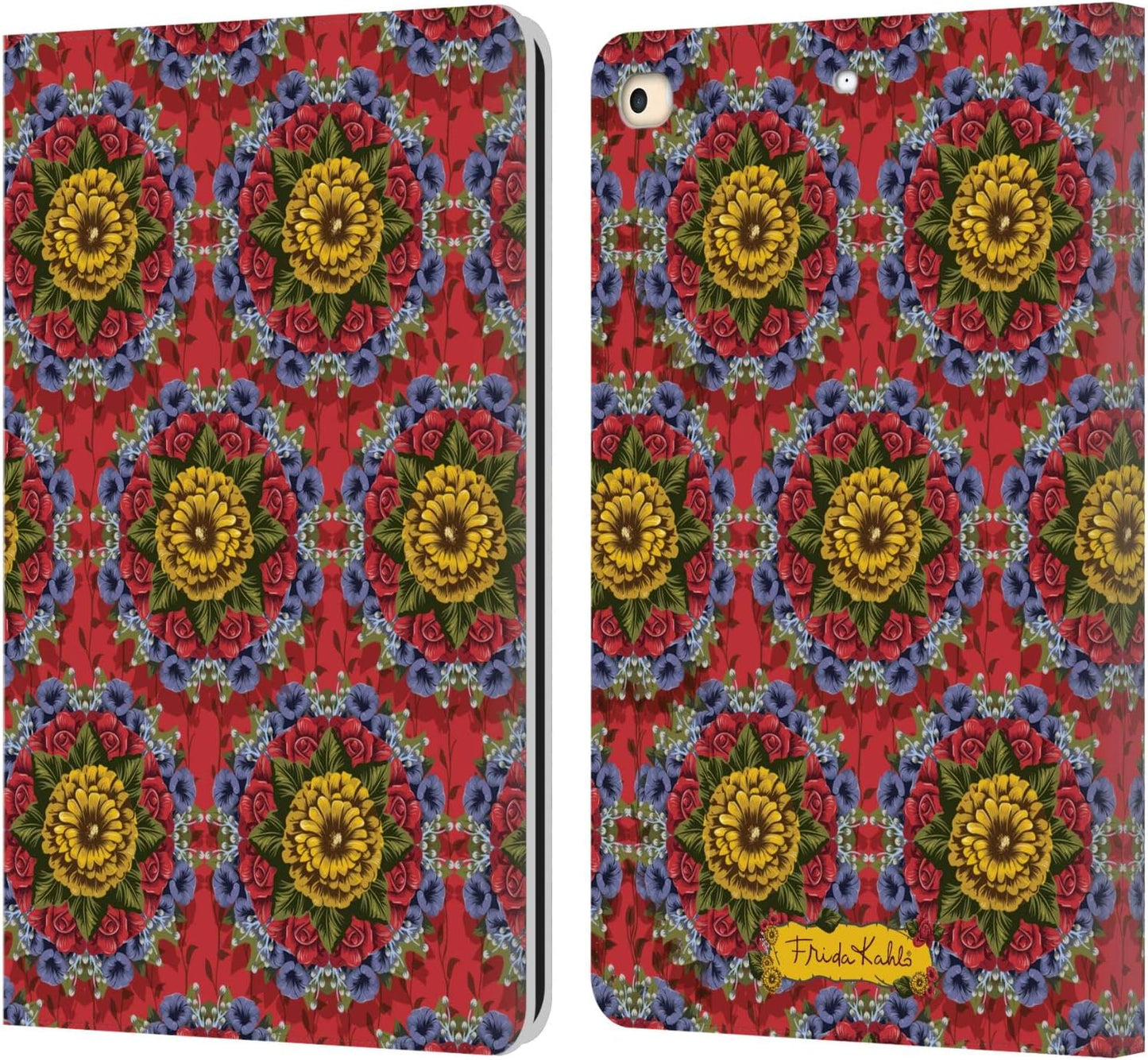 Frida Kahlo Mandala Red Florals Leather Wallet Case for iPad