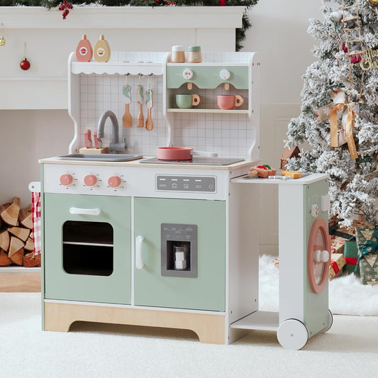 ROBOTIME Wooden Play Kitchen with Ice Maker & BBQ - Lights & Sounds for Creative Pretend Play