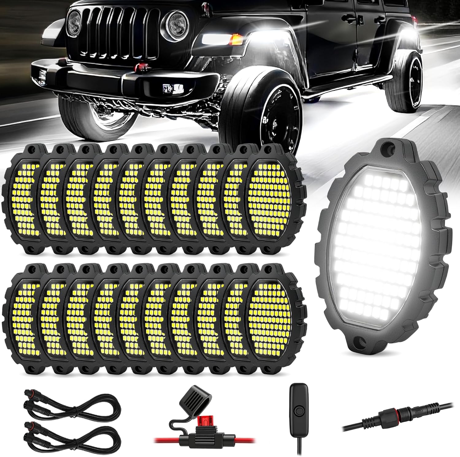 20 Pods Metal Aluminum White Rock Lights for Trucks and SUVs