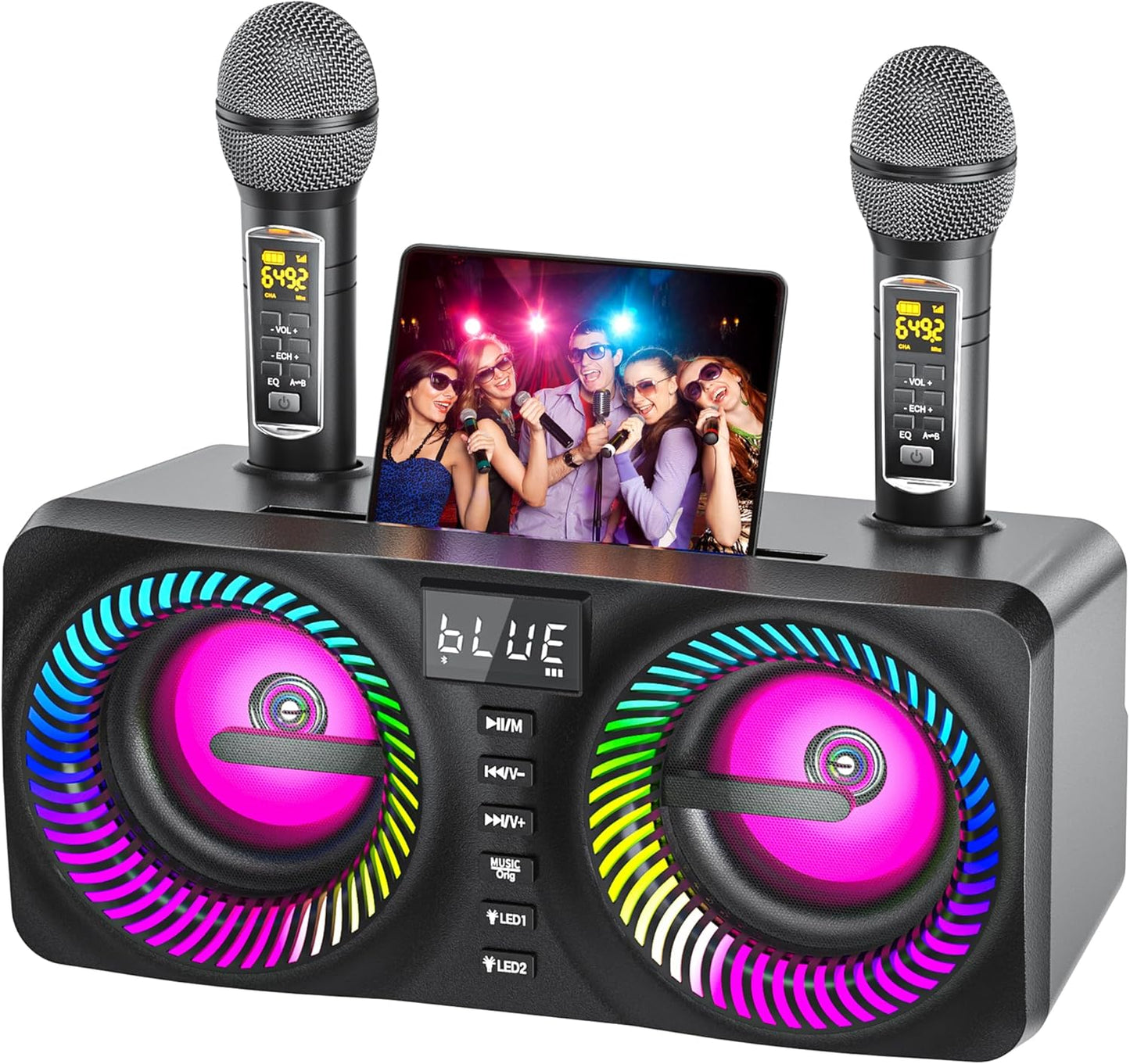 Portable Karaoke Machine Dual Mic Wireless LED Lights - MusyVocay