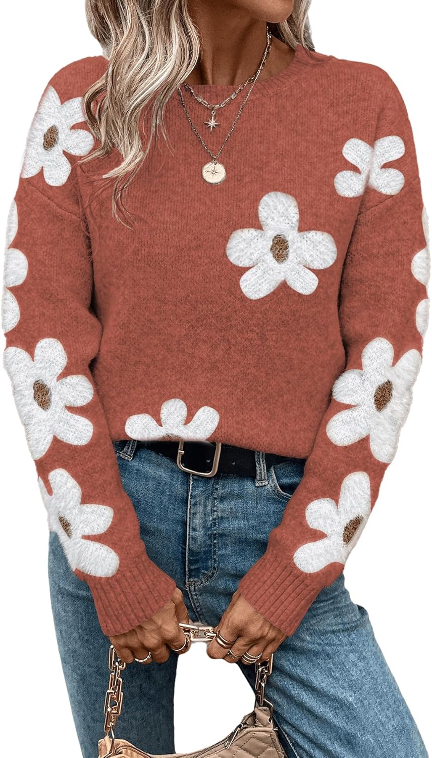 Floral Pattern Crewneck Long Sleeve Sweater for Women