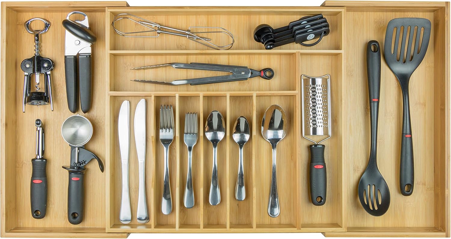 KitchenEdge Premium Bamboo Flatware Organizer for Kitchen Drawers