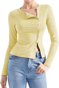 Women Button Down Ribbed Modal Top - Fitted Long Sleeve Shirt